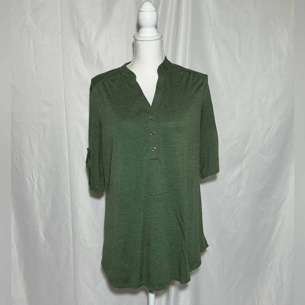 PerCeption Concepts Top Green with Gold Buttons Roll Fixed Tab Sleeves Womens XL